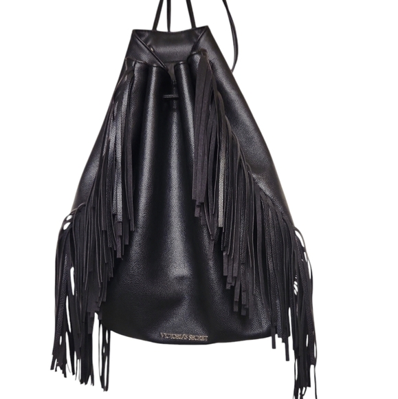 Victoria Secret Black Faux Leather Boho Fringe Backpack Shoulder Bucket Tote Bag - Picture 2 of 12